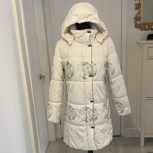 LUHTA Finland Sport Design midlength Creme/Grey hooded puffer coat size Euro 38